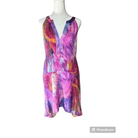 Presley Skye Dresses & Skirts - Presley Skye Silk Watercolor Print Hi Lo Shift Dress Split Neck Size SP